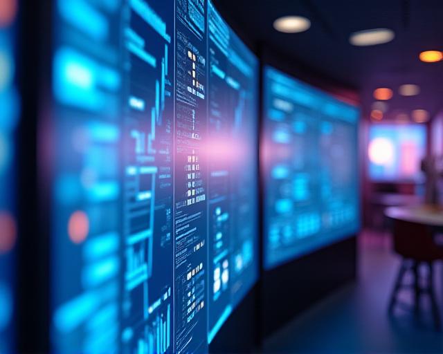 High-tech data visualization interface in a modern UK business setting