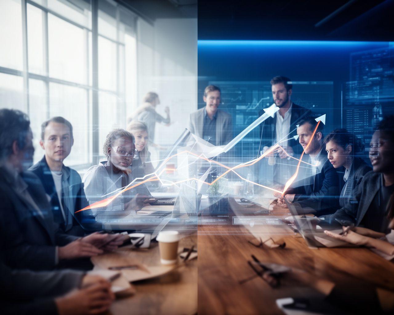 Team of analysts collaborating over holographic data visualisations