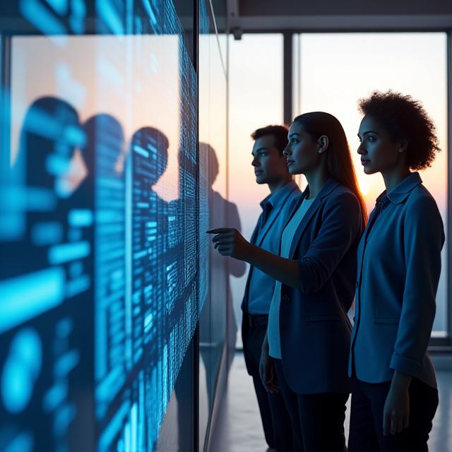 Team of analysts reviewing data visualizations on large screen